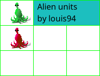 A sprite sheet with two alien units, one green and one red.