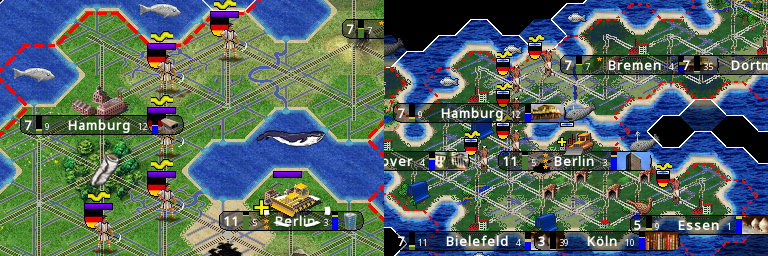 A Freeciv21 map with the ``hexemplio`` and ``isophex`` tilesets.
