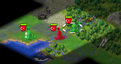 A game screenshot with three alien units, two green and one red.